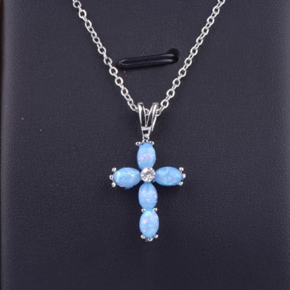 NEW Opal Blue Cross Necklace - Picture 2 of 4